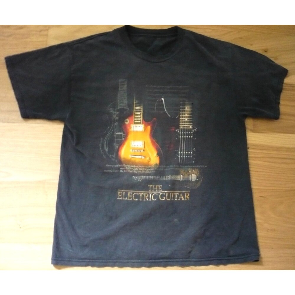 Thrashed L Black Tee Guitar Graphic T Shirt Faded Holes Moto Punk Rock Grunge